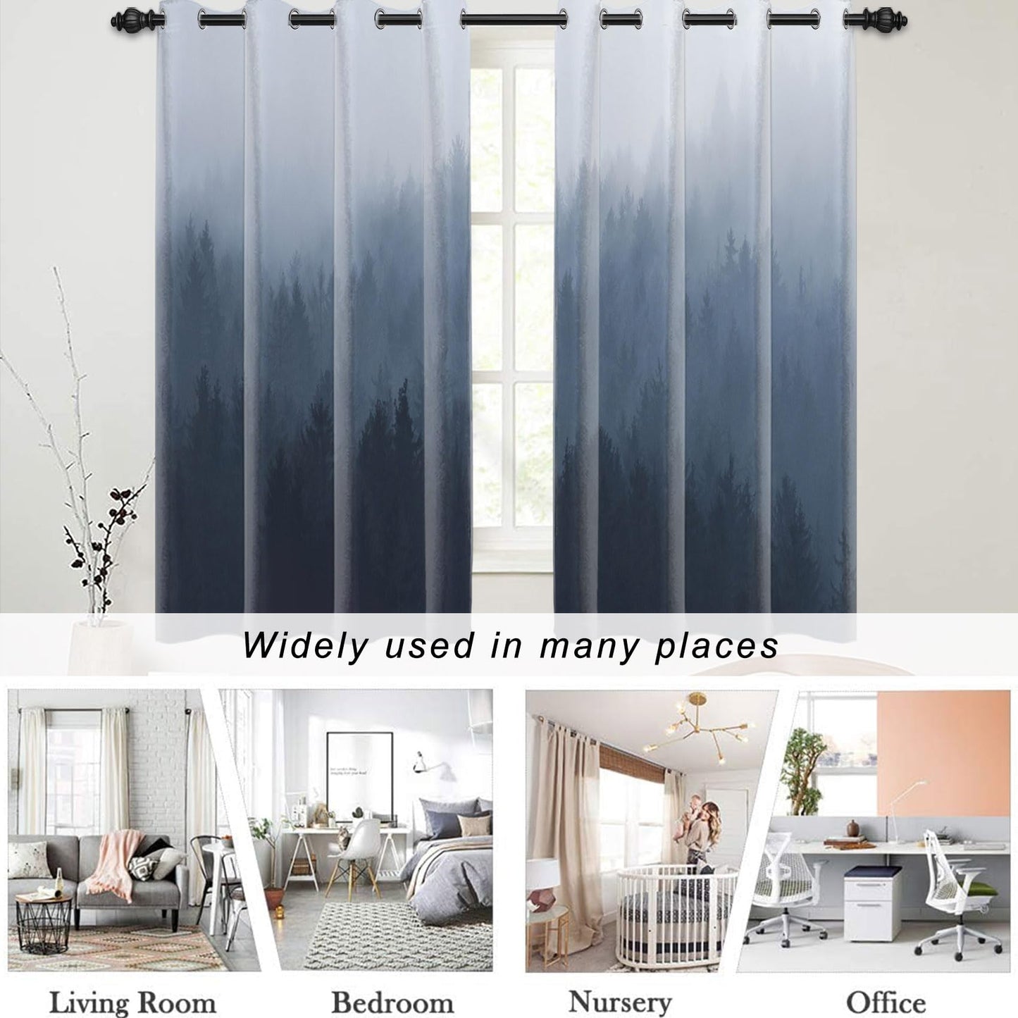 AWERT Blackout Curtains for Bedroom Navy Blue Ombre Forest Window Drapes 2 Panels for Living Room Heat Blocking 21x63inch