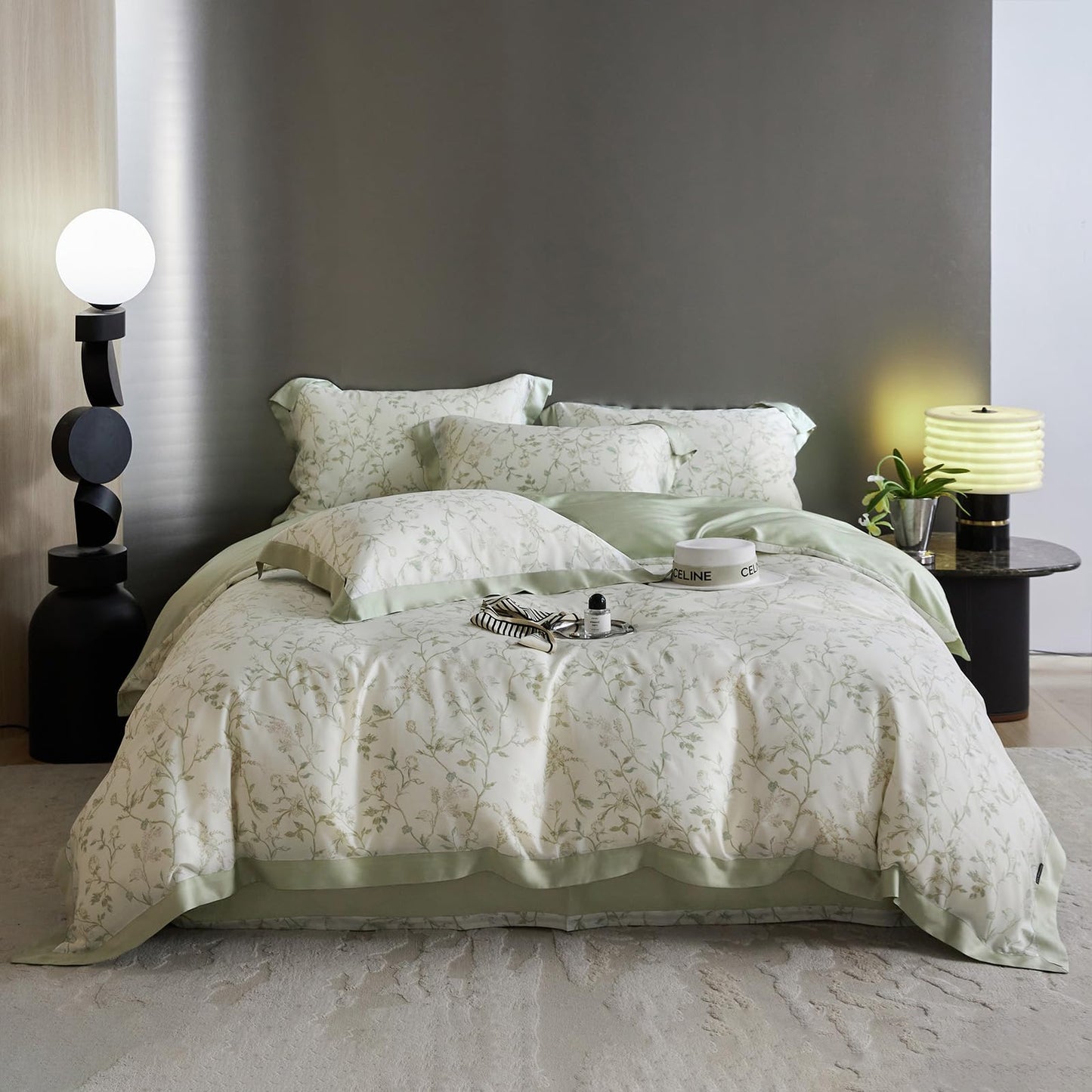 VM VOUGEMARKET Lyocell Duvet Cover Set Queen with Green Floral Pattern,Silk-Like Smooth & Cool Comforter Cover Set with Corner Ties-Queen,Mint Green