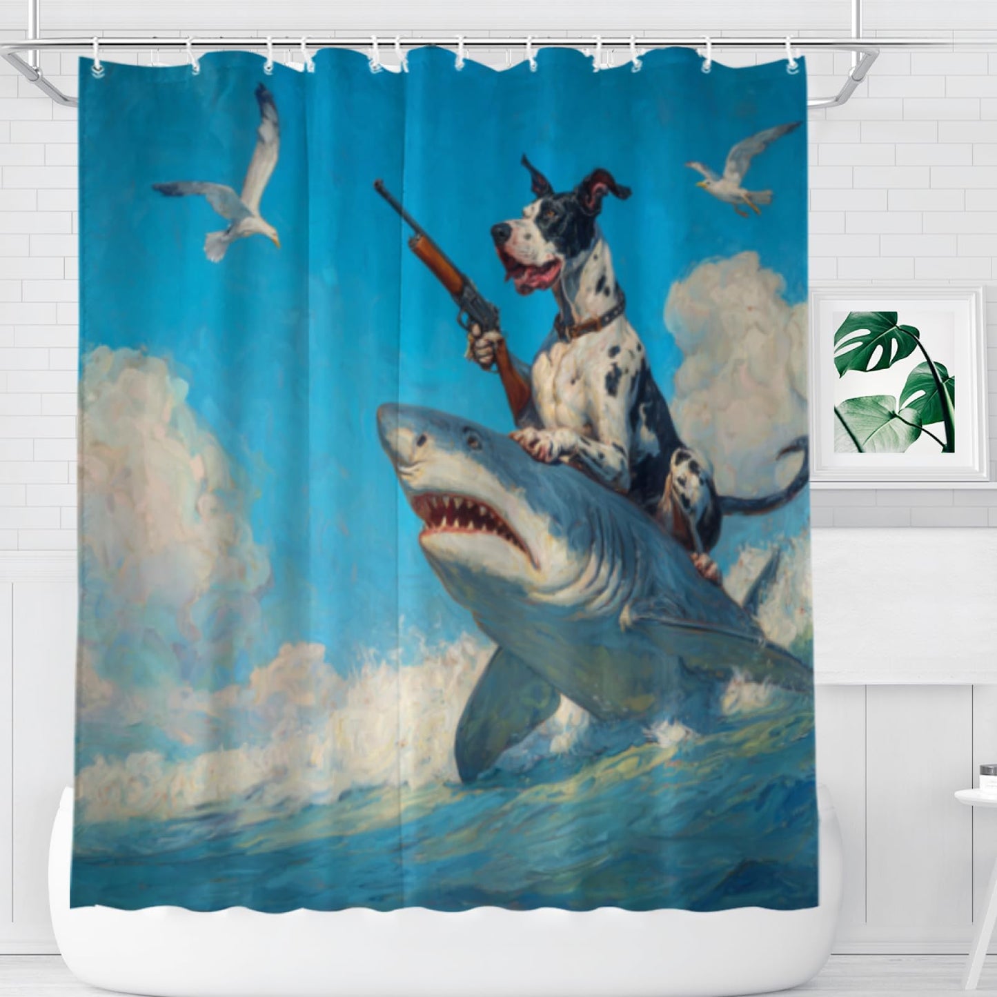 Wordatu Funny Great Dane Riding Shark Shower Curtain Ocean Sea Waves Seagull Animal Surfing for Kids Boy Men Waterproof Fabric Bathroom Decor 72x72 Inch with 12 Hooks