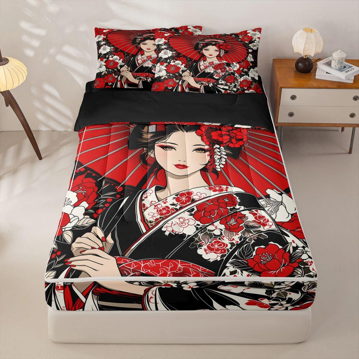Erosebridal Japanese Geisha Zipper Bedding Twin Size, Japanese Flowers Kids Comforter Set - Artistic Japan Zip Up Comforter Bed in A Bag