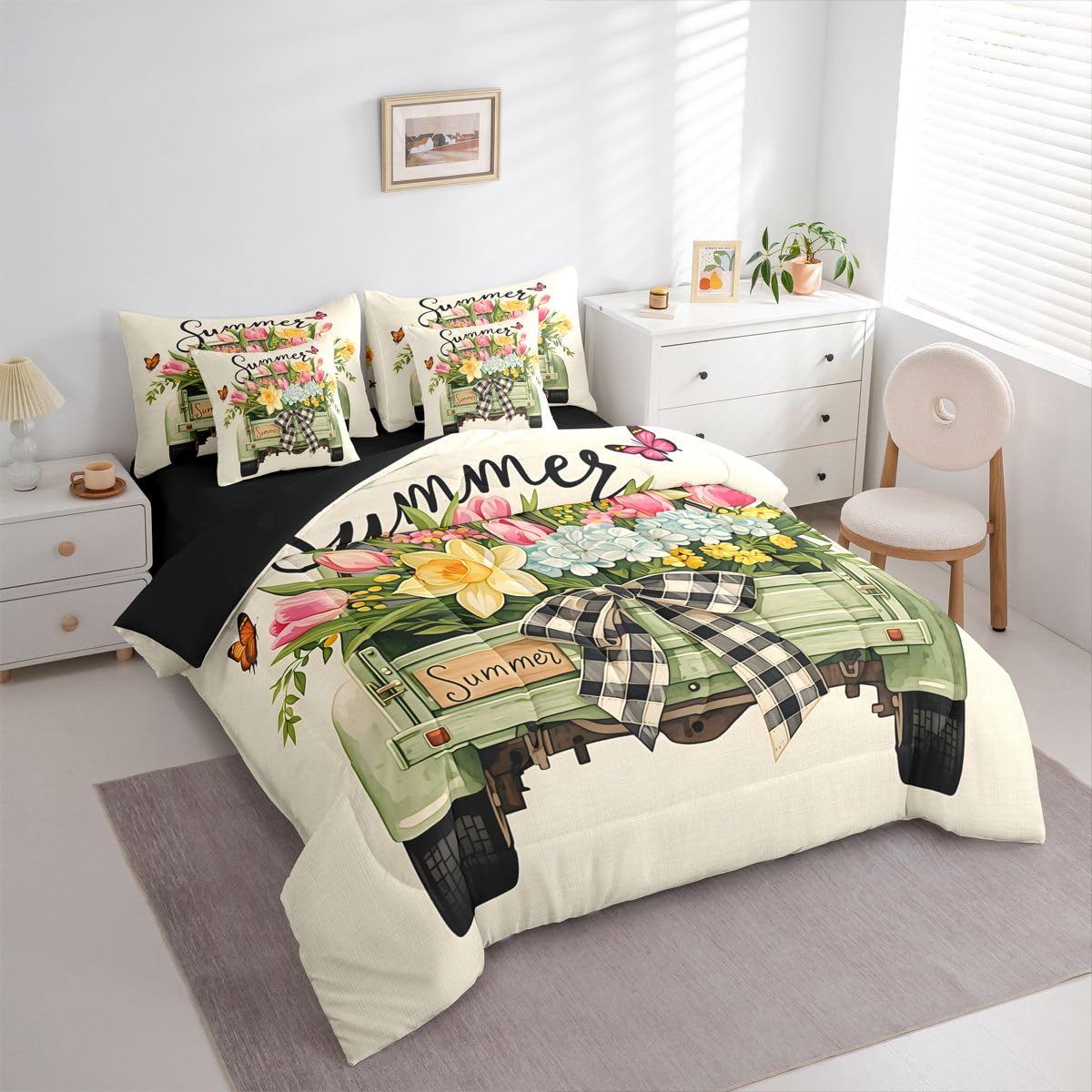 Erosebridal Floral Truck Queen Bedding Set Vintage Bow Green Pickup Comforter Set with Flat and Fitted Sheet Girls Women Summer Blooming Flower 7-Piece Bed in a Bag Countryside Farm Quilt Sets