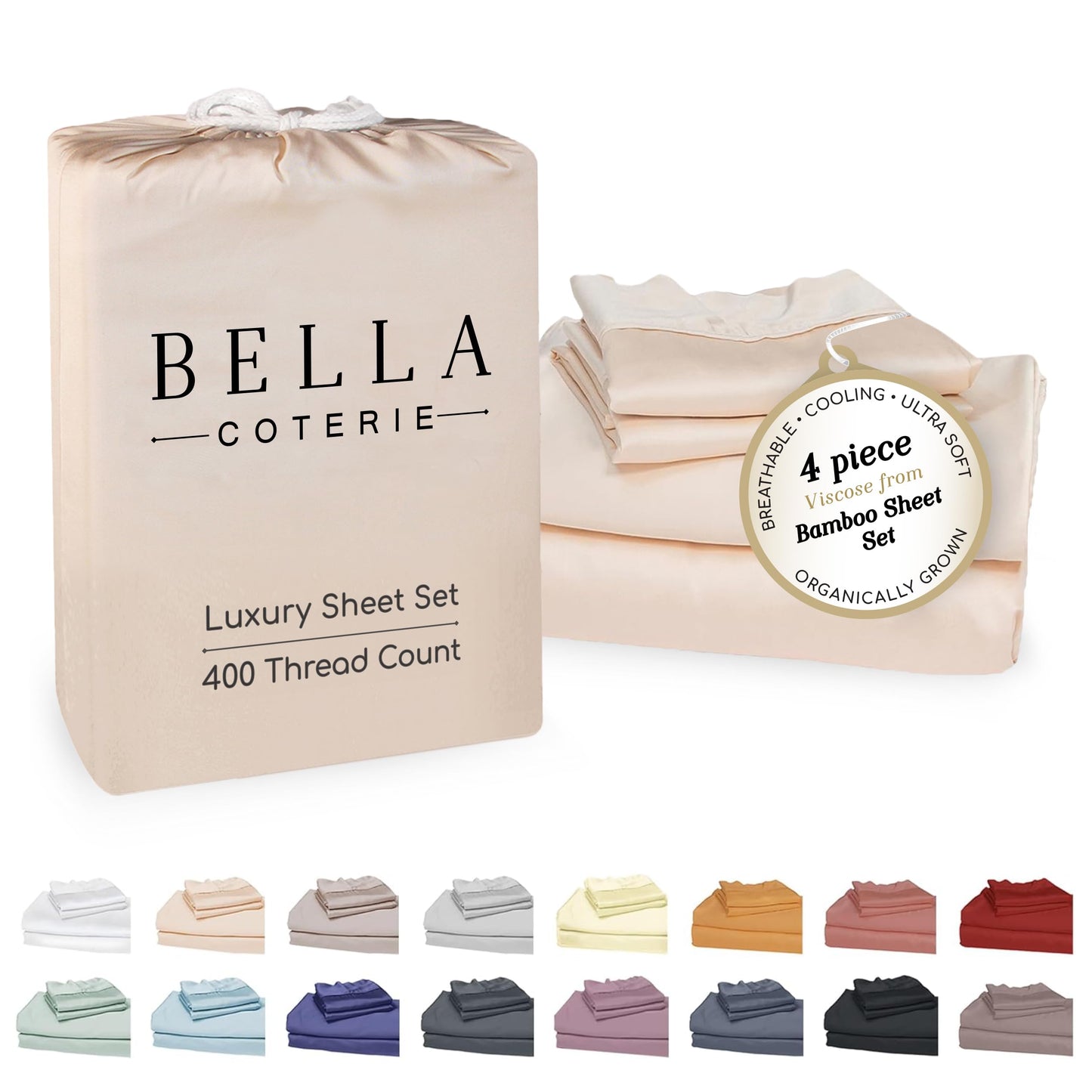 Bella Coterie Luxury Bamboo Viscose King Size Sheet Set | 100% Organically Grown | Ultra Soft | Cooling for Hot Sleepers | 18" Deep Pocket [Champagne]