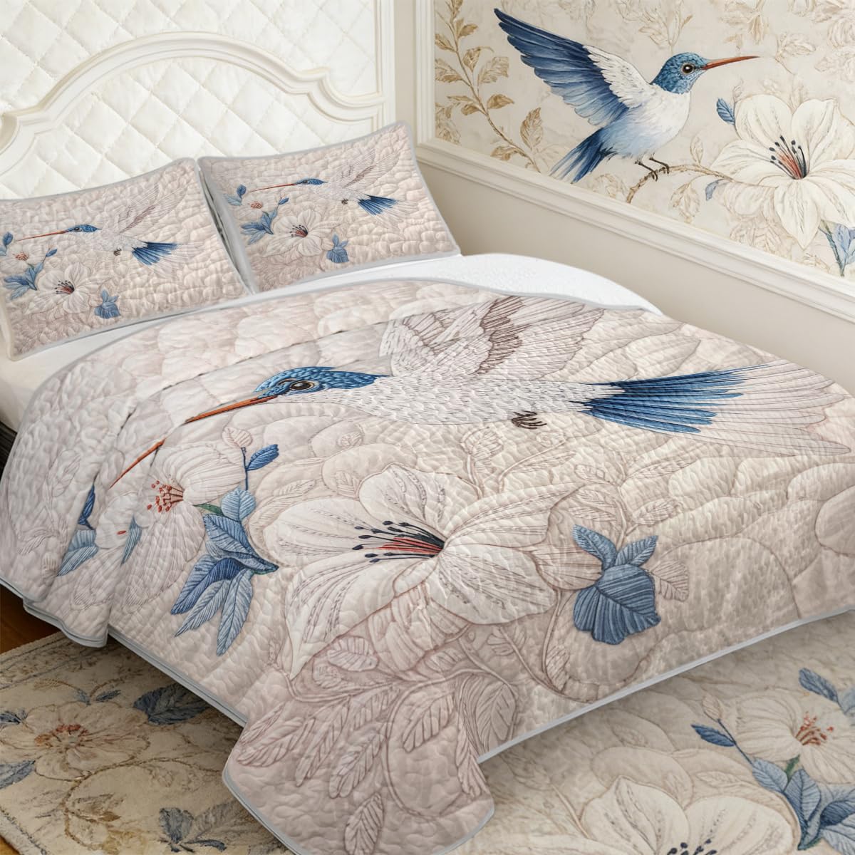 ARIGHTEX Flower Bird Quilt Set Queen Size Minimal Blue Hummingbird Floral Bedding Set Lightweight Botanical Quilt Soft Microfiber Bedspread Modern Coverlet Set with Pillow Shams