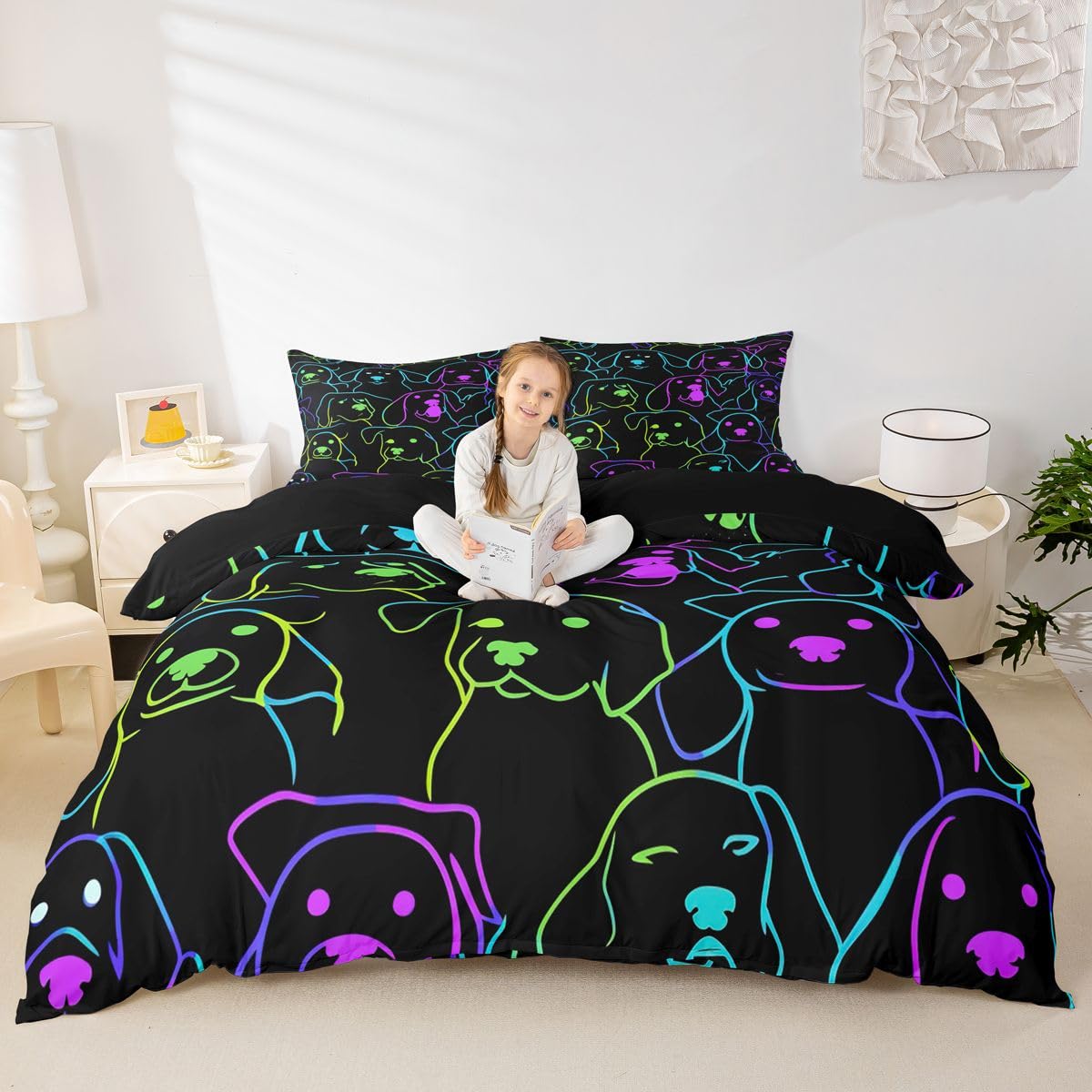Dog Themed Bedding King Cute Simple Strokes Animal Dog Comforter Cover for Kids Boys Girls Soft 3 Pcs Duvet Cover, Rainbow Bright Colorful Pet Dog Bedding Kawaii Puppy Pattern Bedspread