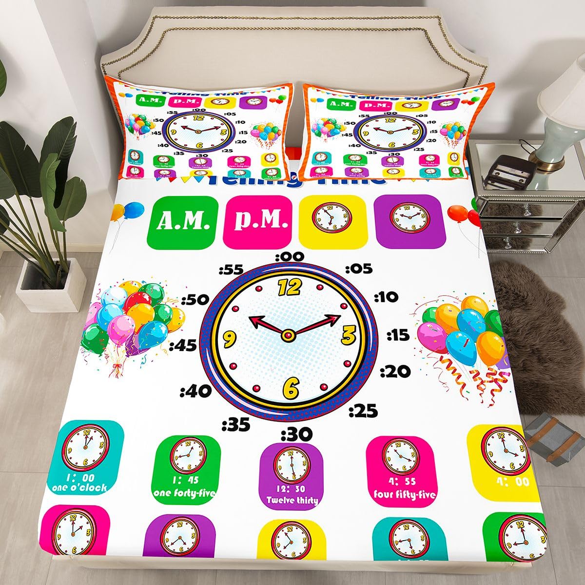 Educational Fitted Sheet Twin, Time Learning Bedding Set for Kids Boys Girls - Lightweight Bed Cover (No Flat Sheet)