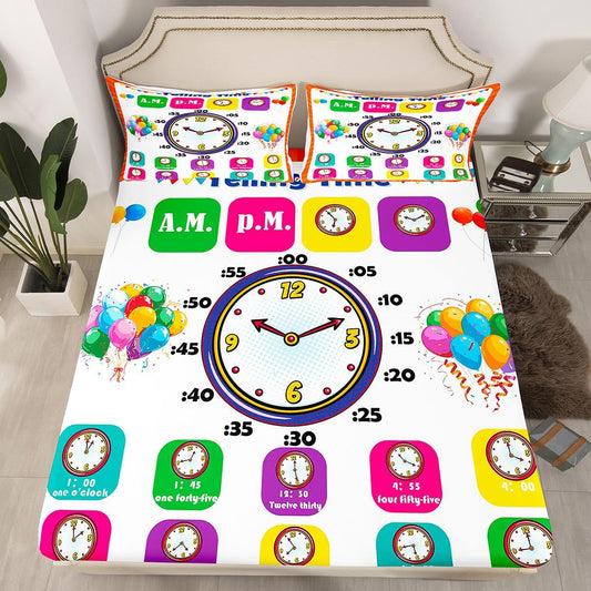 Educational Fitted Sheet Twin, Time Learning Bedding Set for Kids Boys Girls - Lightweight Bed Cover (No Flat Sheet)