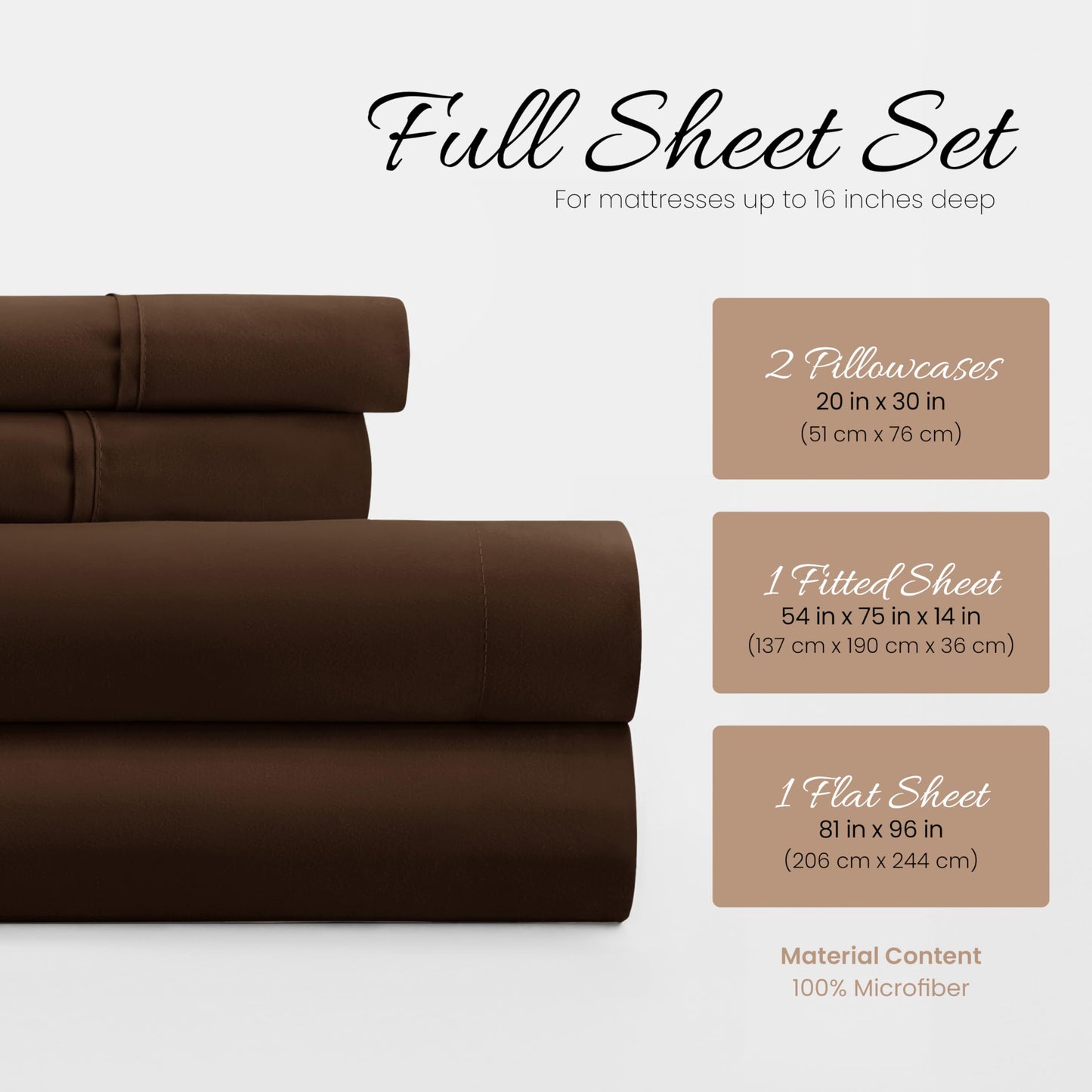 Linen Market Brushed Microfiber Full Sheet Set 4 Piece – Oeko-TEX Certified Ultra Soft & Wrinkle-Free - 16" Deep Pocket Sheets - Easy Care Full Size - Chocolate