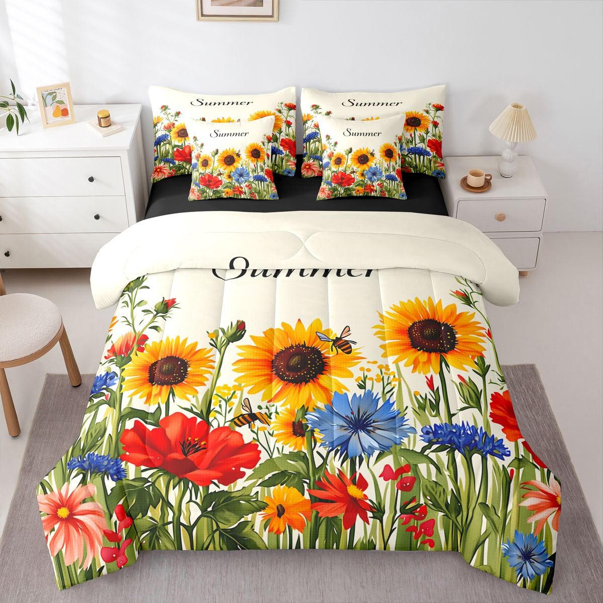 Erosebridal Sunflower & Wildflower Queen Bedding Set Aesthetic Bright Floral Comforter Set with Flat and Fitted Sheet Girls Women Cute Summer Bee 7-Piece Bed in a Bag Vibrant Garden Art Quilt Sets