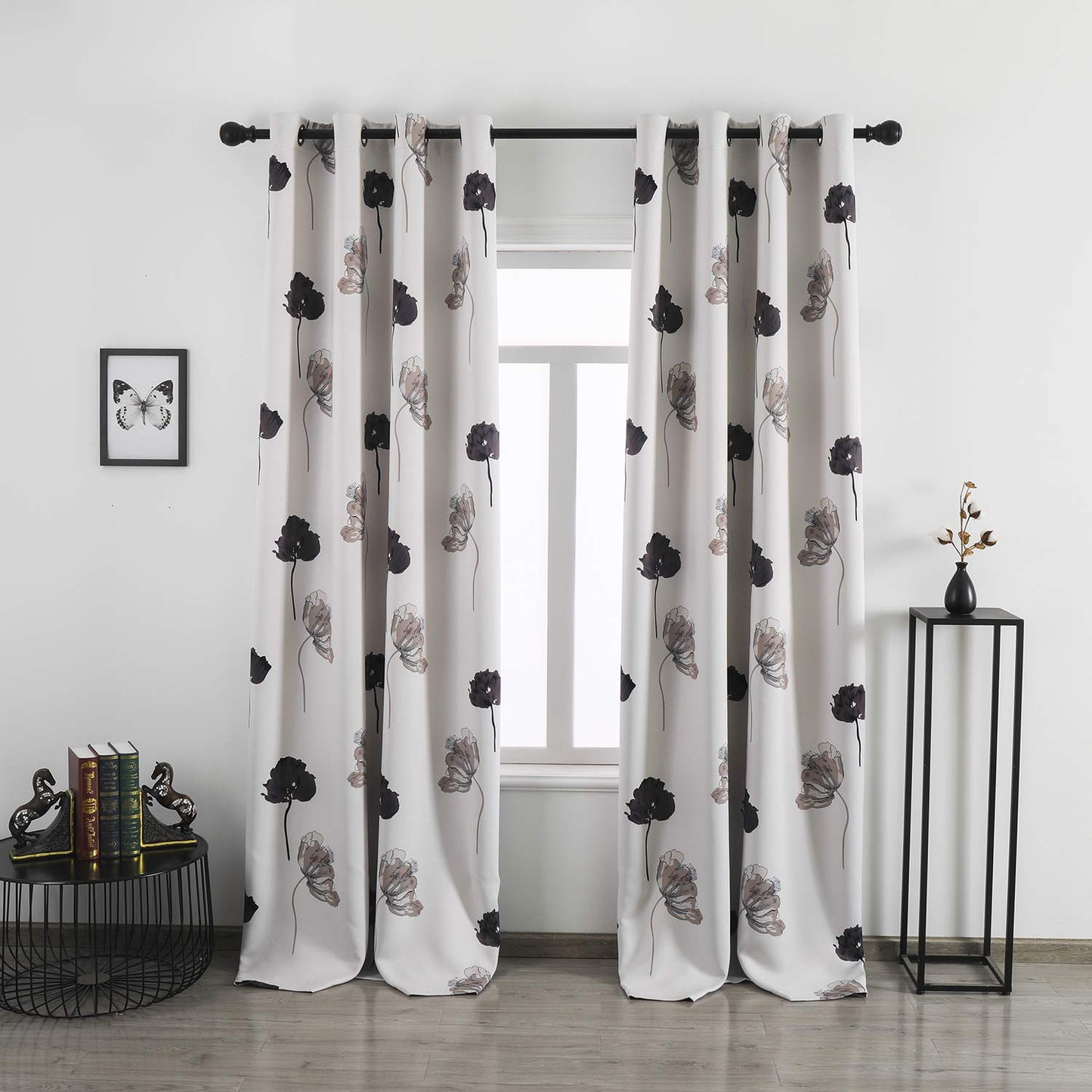 Taisier Home Floral Print Thermal Insulated Bedroom Heat Absorbing Room Darkening Energy Efficient Savings Living Room Window Curtain Grommet Panels, Set of 2, 52 W x 95 L, Black/Grey/Brown