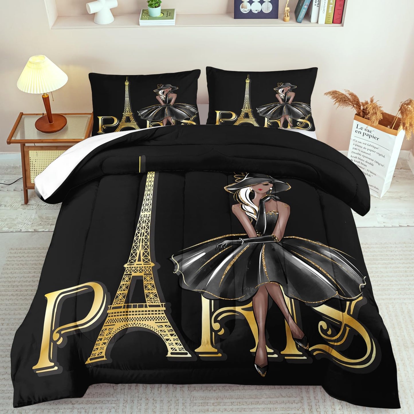 llyxsesty Paris Comforter Set Queen Fashion Girl Comforter for Couple Paris Bedding Set Girls Gold Eiffel Tower Bedding Women Boho Quilt Fashion Aesthetic Room Decor Elegant Home Decor