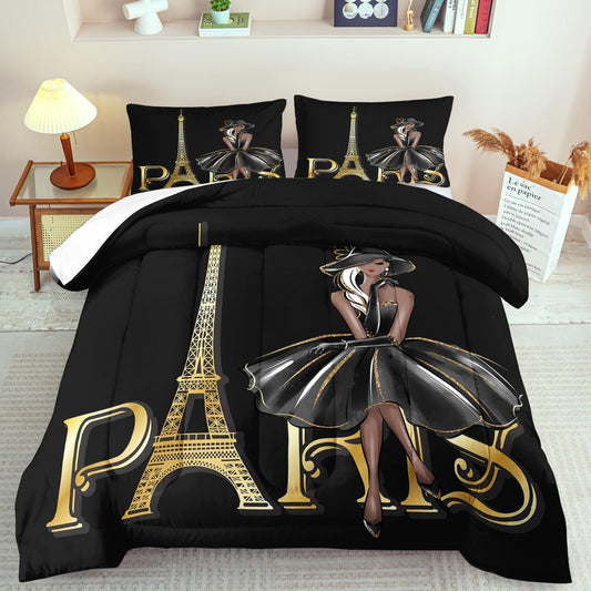 llyxsesty Paris Comforter Set Queen Fashion Girl Comforter for Couple Paris Bedding Set Girls Gold Eiffel Tower Bedding Women Boho Quilt Fashion Aesthetic Room Decor Elegant Home Decor