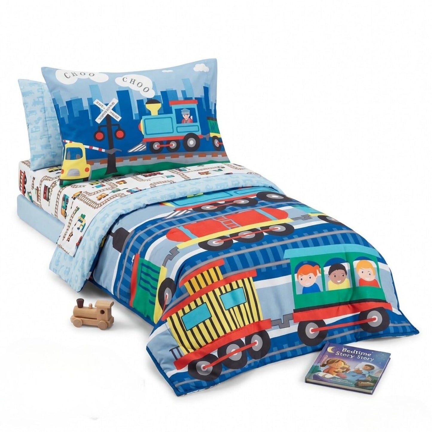 EVERYDAY KIDS 4 Piece Toddler Bedding Set -Choo Choo Train- Includes Comforter, Flat Sheet, Fitted Sheet and Reversible Pillowcase