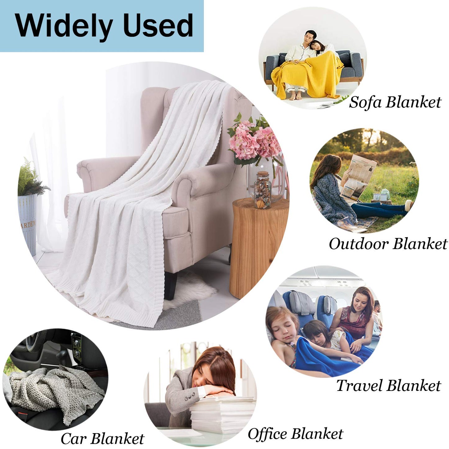 Cotton Knit White Throw Blanket for Couch Sofa Bed - Home Decorative Soft Cozy Sweater Woven Fall Throw Blanket
