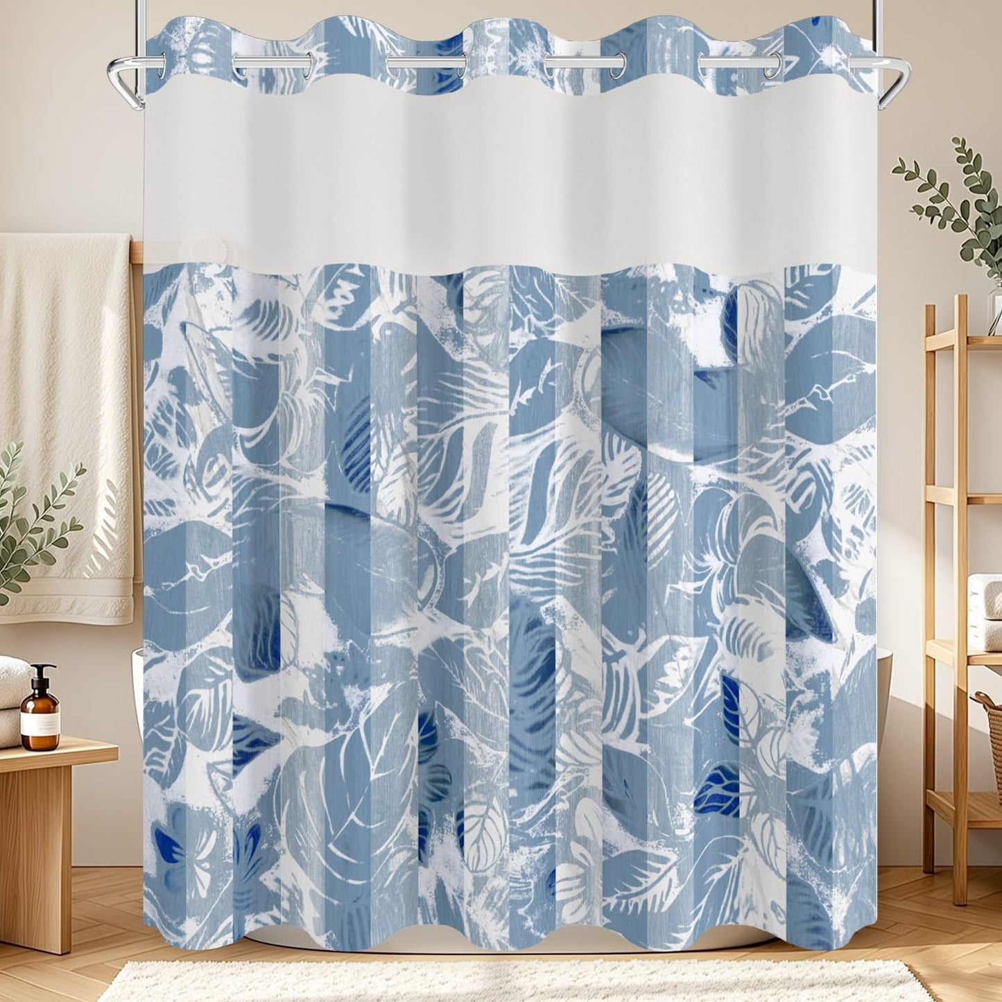 NAEMBCU Blue Striped No Hook Shower Curtain with Snap in Liner Set 71x74in