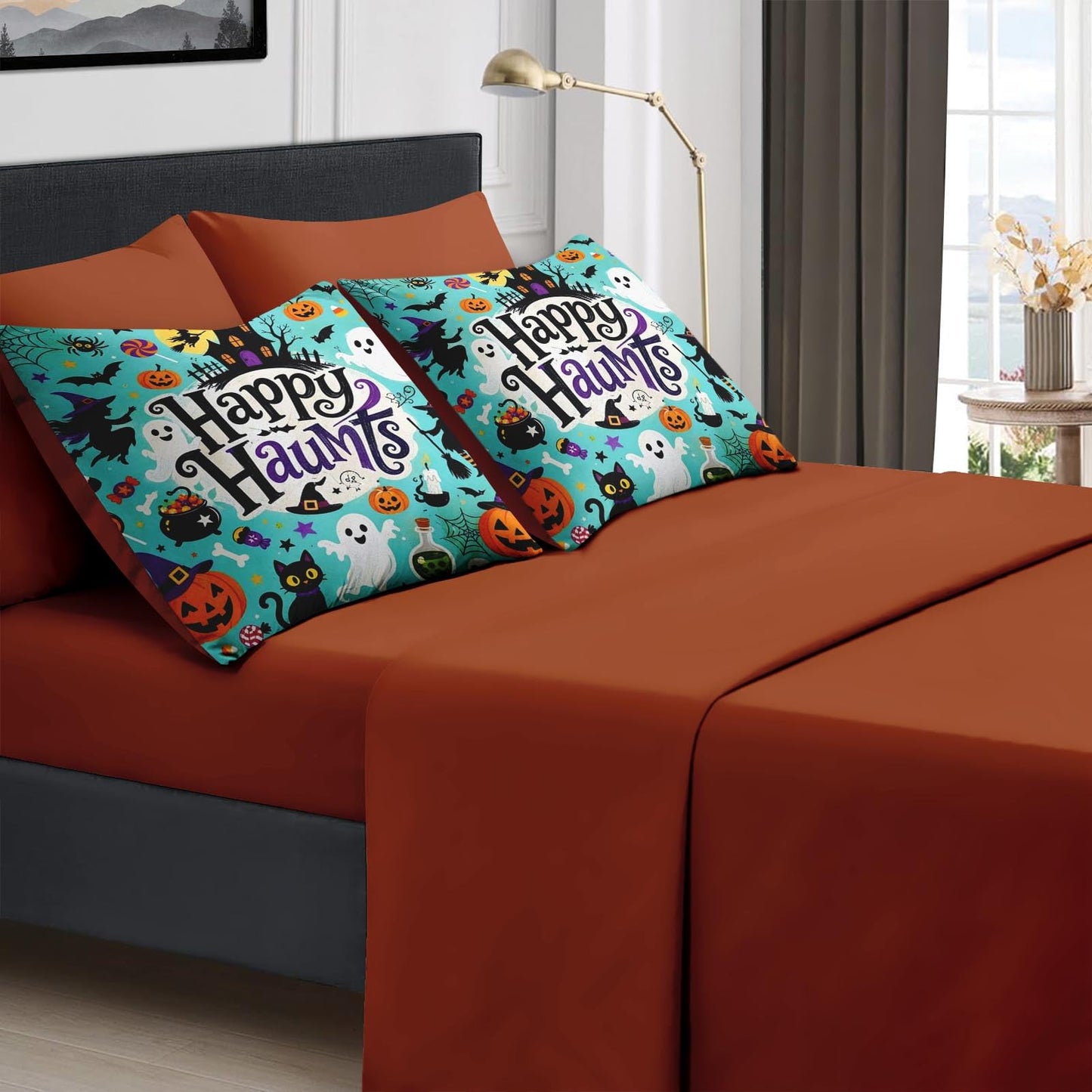 Boewywh Comforter Set Twin Size Halloween Witch Ghost 7 Pcs, Bedding for Kids and Adults, Bed Sheet Sets with Fitted Sheet 2 Pillowcases & 2 Shams for Bedroom Bed Decor