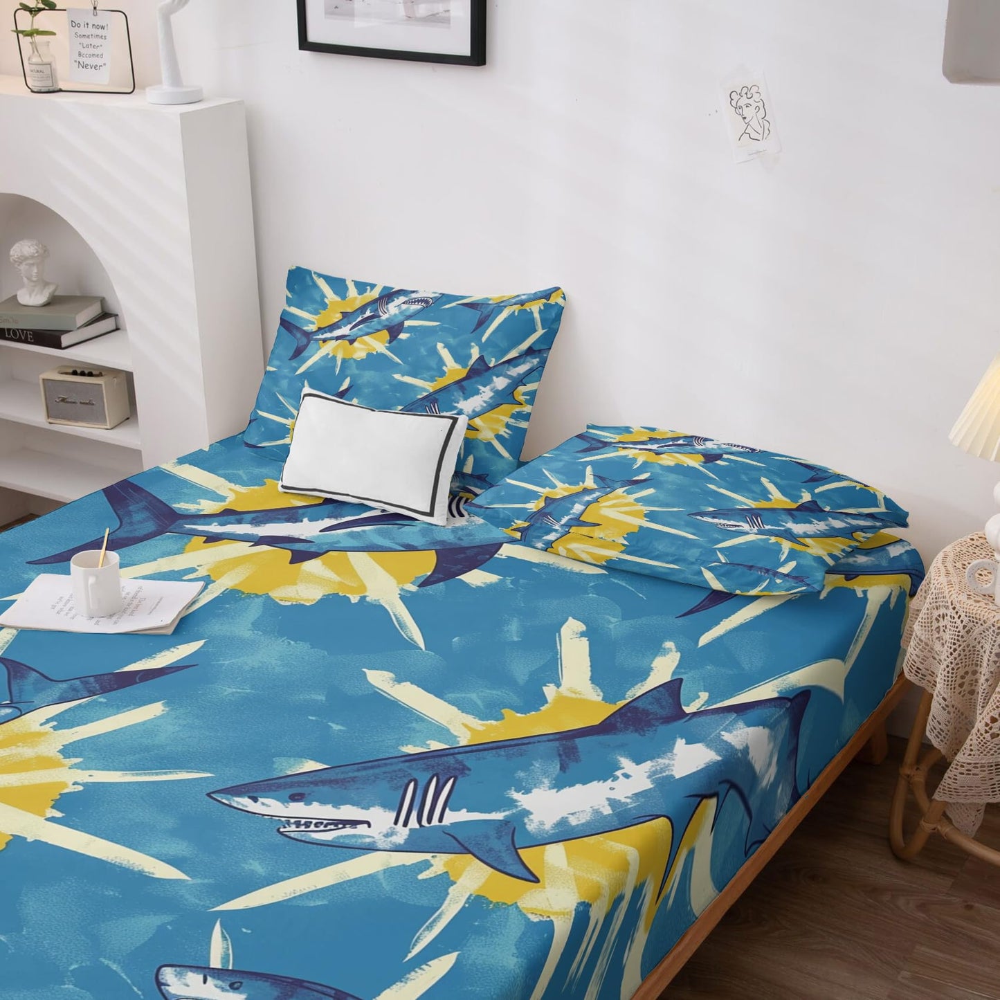 Rejkxyw King Size Sheets Set Blue Shark - Cartoon Sea Life Bed Sheets - Kids Boys Sheet Set - 12 Inch Deep Pocket - Ultra Soft Winkle Free Microfiber Bedding Sheets & Pillowcases 4 Piece