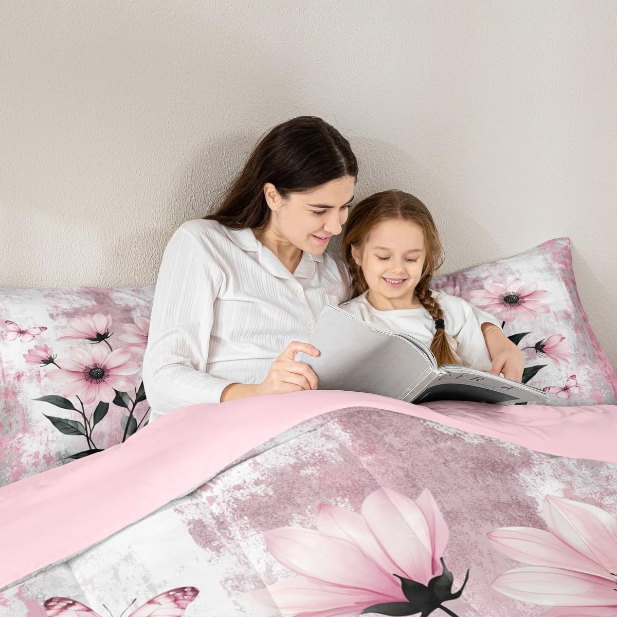 Erosebridal Watercolor Daisy Flowers Queen Comforter Set Abstract Oil Painting Bedding Set Rustic Farmhouse Bed Set Ombre Pink White Quilt Set