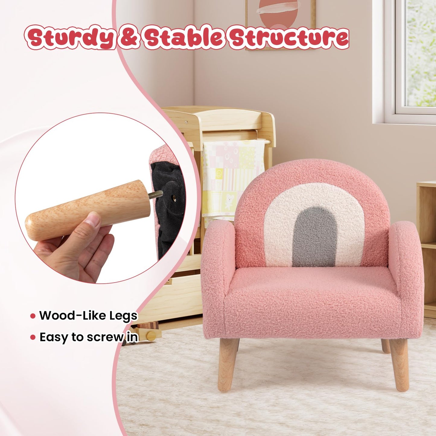 Costzon Kids Sofa, Children Pink Armchair with Solid Wood Frames, Plush Fabric, Anti-Tip Design, Floor Reading Sofa Chair for Playroom, Kids Room, Nursery, Toddler Couch Chair Comfy for Boys Girls