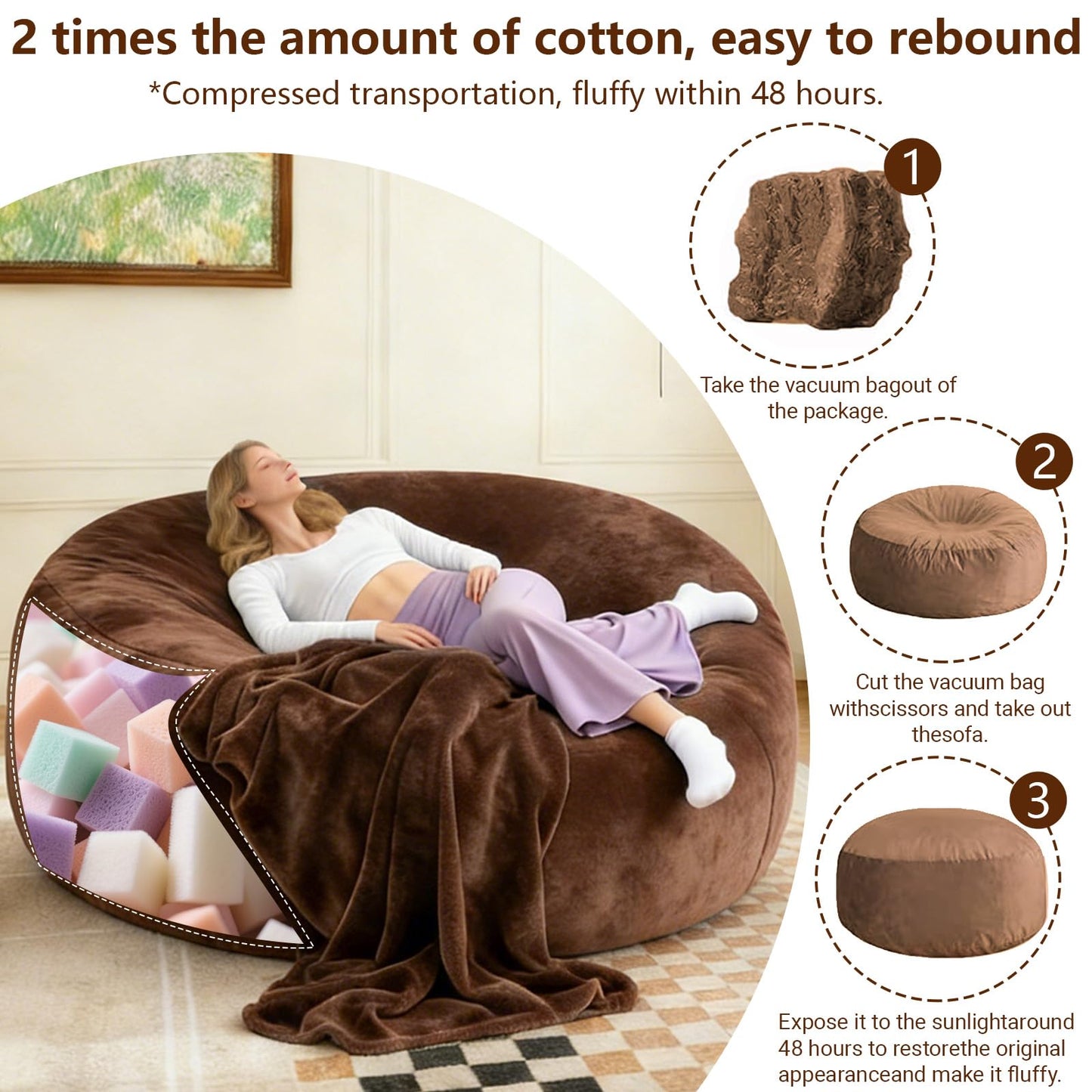 Big Bean Bag Chairs for Adults ，6FT Bean Bag Chair with Filler Memory Foam Chair Super Soft Plush, Living Room Furniture, Suitable for bedrooms, Comfy Lounge Reading Chairs (Coffee, 6FT)
