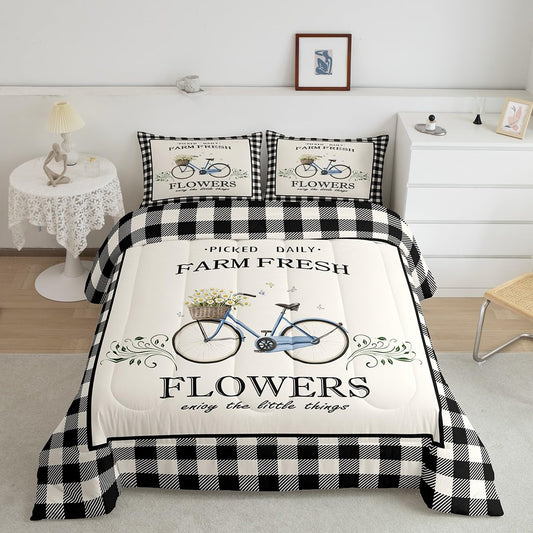 Rustic Farmhouse Comforter Set Queen Size Vintage Bicycle Flowers Quilt Set Geometric Black White Plaid Bedding Set 3pcs for Kids Girls Women Room Decor Spring Nature Duvet Insert,2 Pillowcases