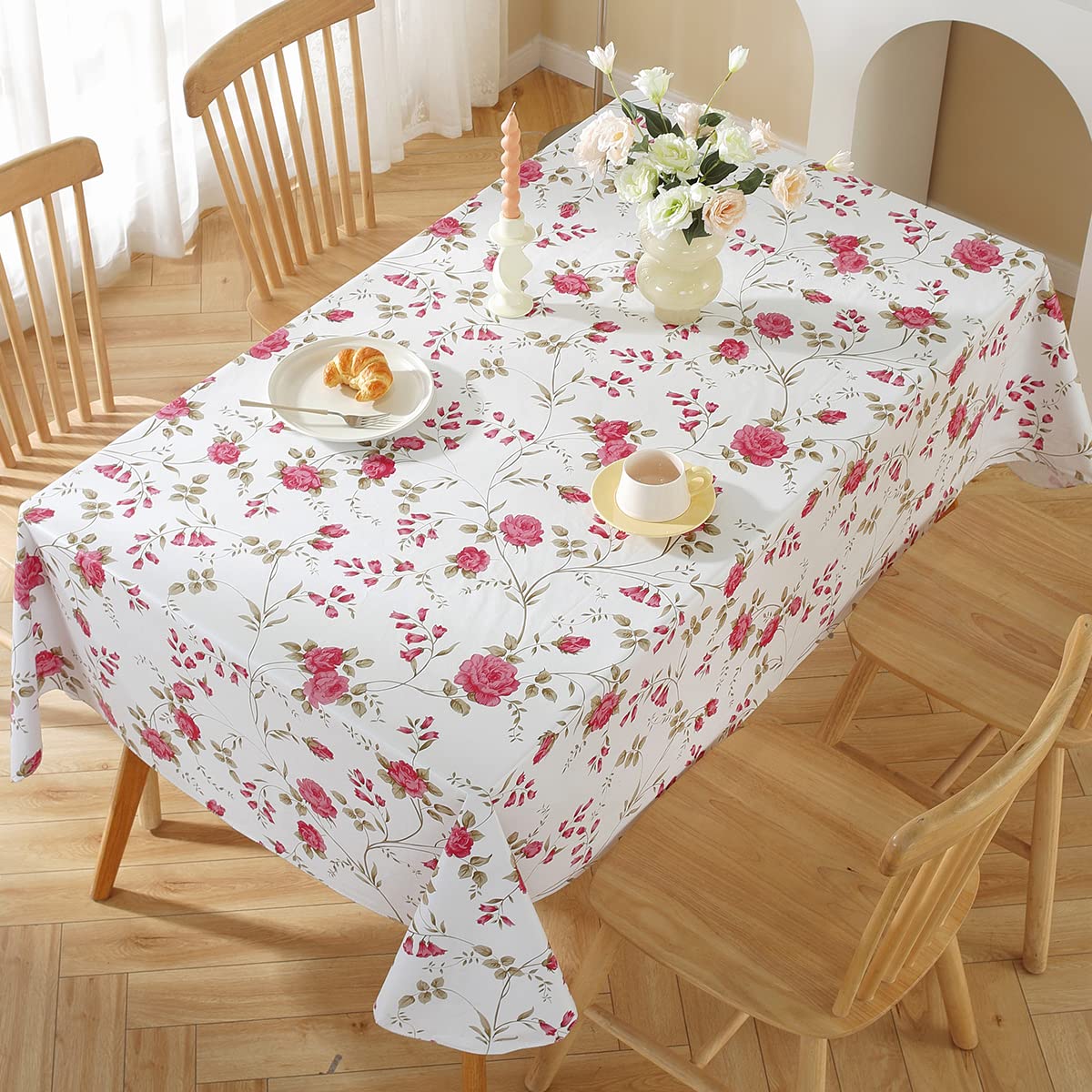 SASTYBALE Spring Summer Vinyl Tablecloth with Flannel Backing Rectangle 60 x 84 Inch, Waterproof & Wipe Clean Thick Plastic Table Cloth, Floral Table Cover for Dining, Party, Picnic, Outdoor, Rose