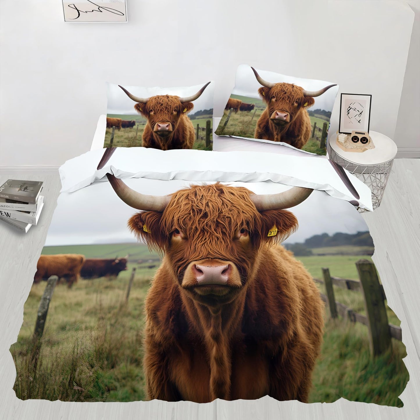 PAISUOQ Cow Print Duvet Cover King, Western Animals Comforter Cover with Zipper Ties, Highland Cattle Bedding Set, 3 Pieces with 2 Pillow Cases, Home Decor & Gifts