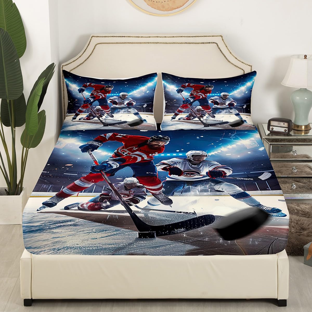 Erosebridal Ice Hockey Sheet Set Full Size Hockey Player Bedding Set for Boys Teens Girls Sports Game Event Fitted Sheet Youth Kids Soft Microfiber Winter Sports Bedroom Decorative