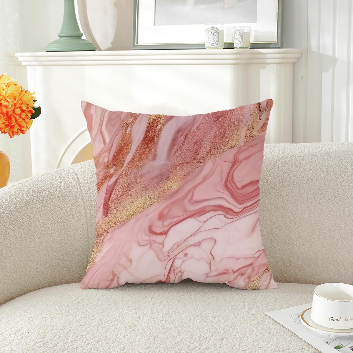 ZHLF Pack of 4,Pink Marble Throw Pillow Covers 18x18 Inch Two-Sided Pink Gold Abstract Art Modern Decorative Pillows Case Soft Cushion Covers for Couch Sofa Bed Home Living Room Décor