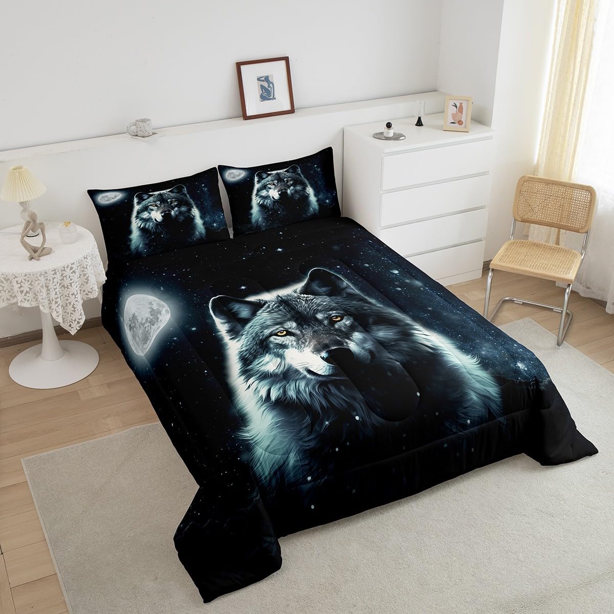 Manfei Galaxy Wolf Comforter Set Twin Size, Wild Animal Theme Quilt Set with 1 Pillowcase, Blue Starry Sky Moon Bedding Set 2pcs for Kids Boys Teens Room Decor Lightweight Duvet Insert