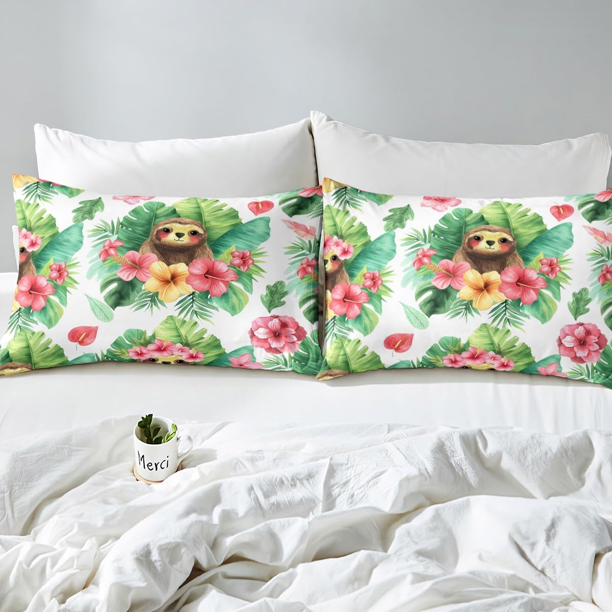 Erosebridal Cartoon Sloth Fitted Sheet Kawaii Sloth Bed Sheets Palm Leaf Cherry Blossom Monstera Sheet Set Hawaiian Tropical Leaf Animal Top Sheet for Kids Boys Girls, 4Pcs Full Size