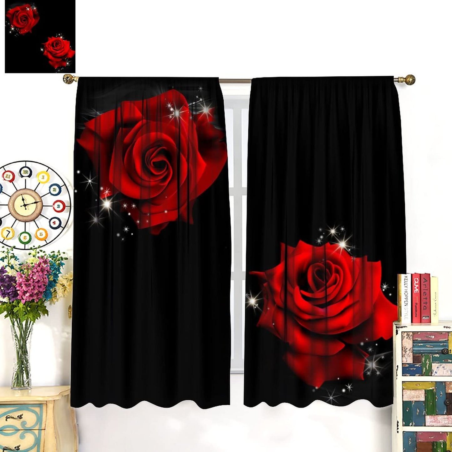 JESTRONRY Black Red Rose Curtains,Rose Floral Lover Romantic Women Bedroom Decor Female Girl Valentine Theme Blackout Rod Pocket Window Drapes for Living Room Bedroom Decor W42xL45in