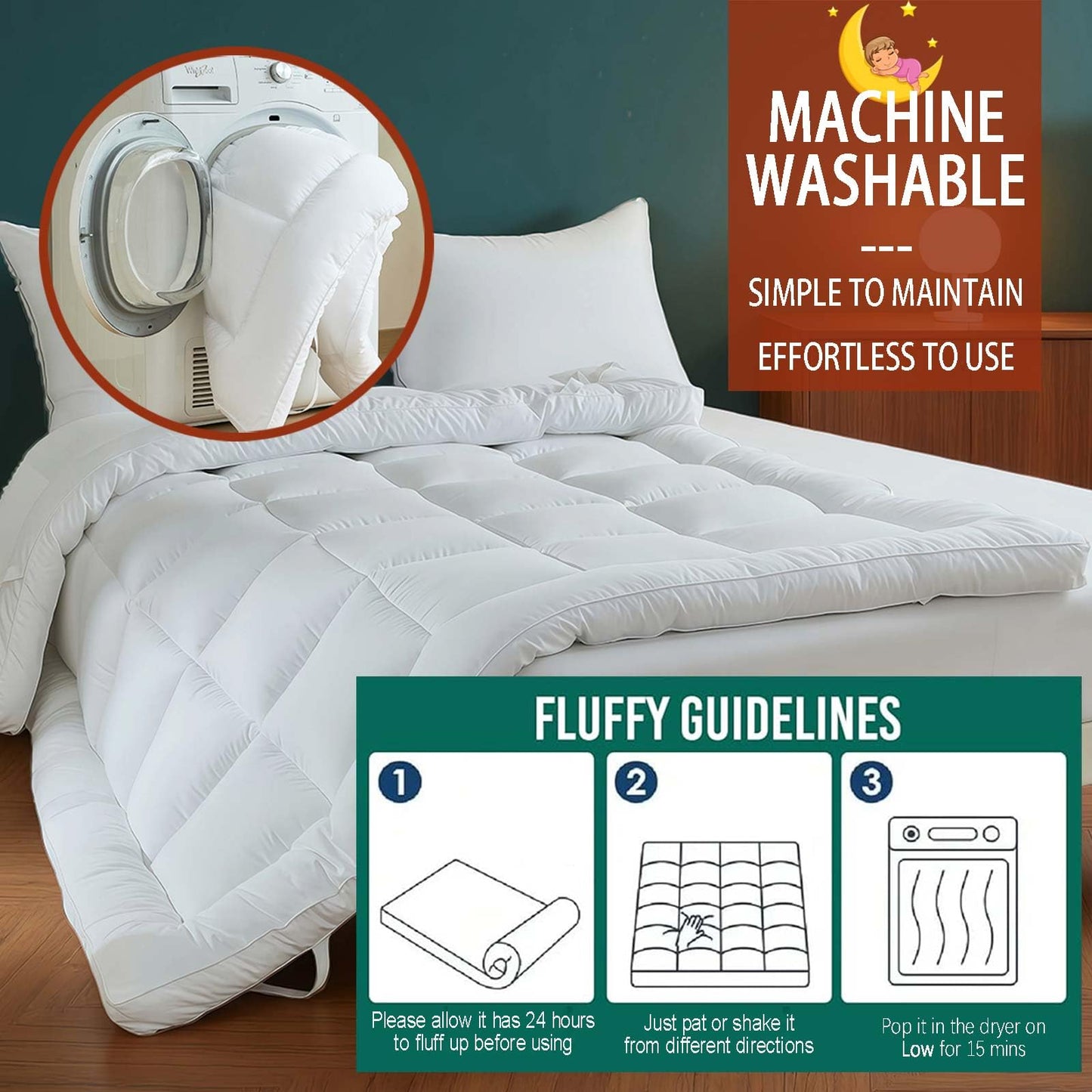 Luxury Hotel Sellected 3 Inch Mattress Topper, Goose-Down-Like Fiber Mattress Topper for Any Season Any Room, Ultra Fluffy and Long-Lasting, Durable, 4 Elastic Bands, Queen