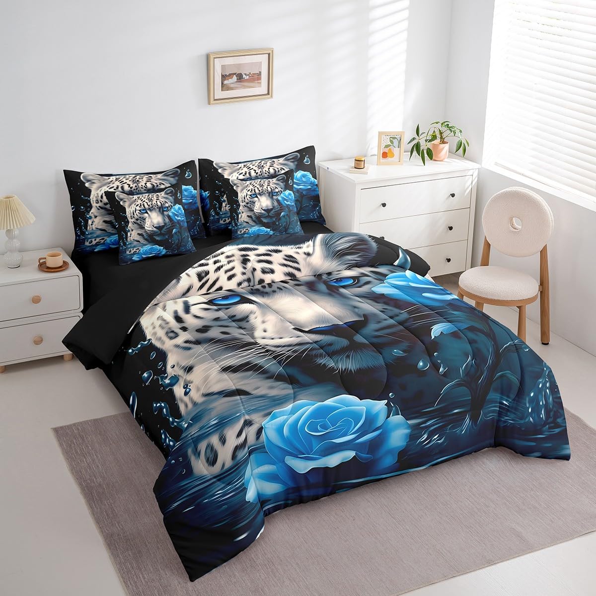 Feelyou Blue Rose 7 Piece Bedding Set for Adult Couple Full Size White Leopard Comforter Set with Sheets Boys Girls Romantic Bed in a Bag Floral Flower Bed Set