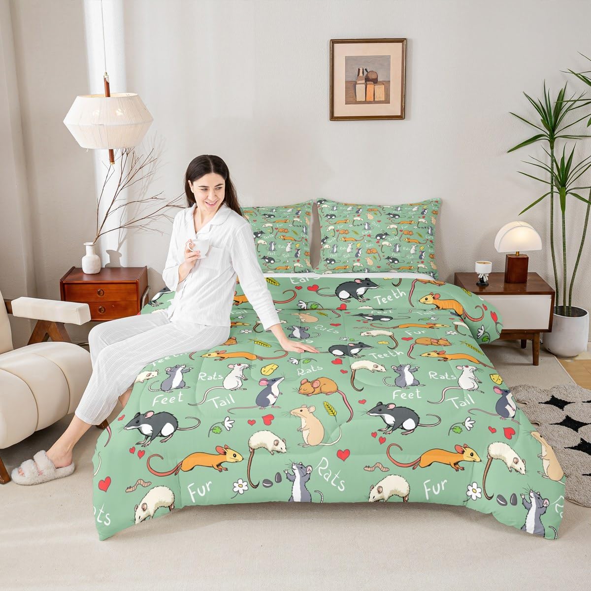 Erosebridal Kids Rat Comforter Set, Mouse Rodents Bedding Set Twin Size, Funny Animal Love Heart Duvet Sets for Boys Girls Children Bedroom, Cartoon Style Duvet Insert Decorative Room, Green
