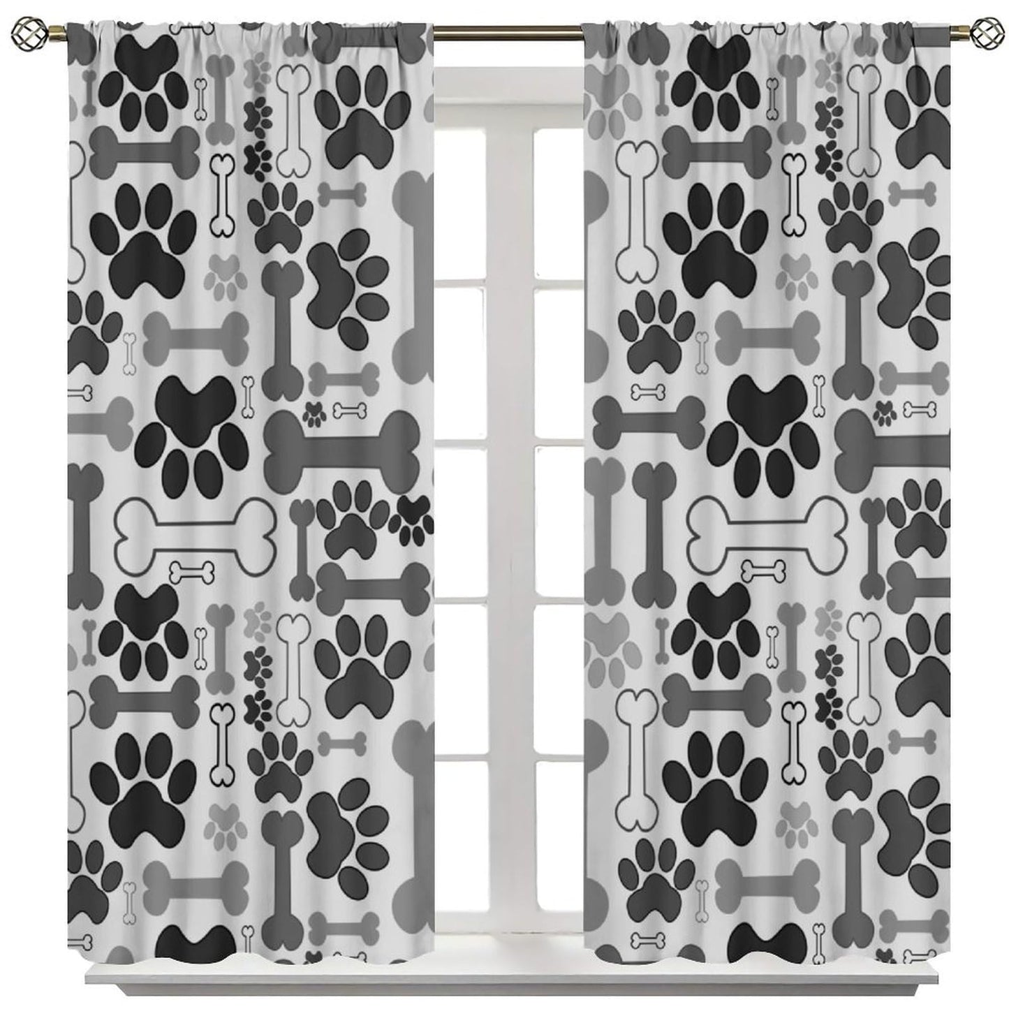 Yearn Jear Dog Paw Print Curtains, Grey Cartoon Dog Paw and Bones Window Treatment Thermal Insulated Curtain for Kids Living Room Bedroom 2 Panels Set, 42x45 inch Decor