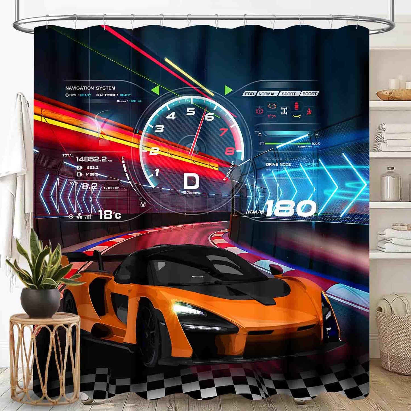 Kids Boys Race Shower Curtain for Bathroom, Extreme Sports Car Raing Theme Cool Game Waterproof Fabric Shower Curtain Set with Hooks, 72"x72" Inch
