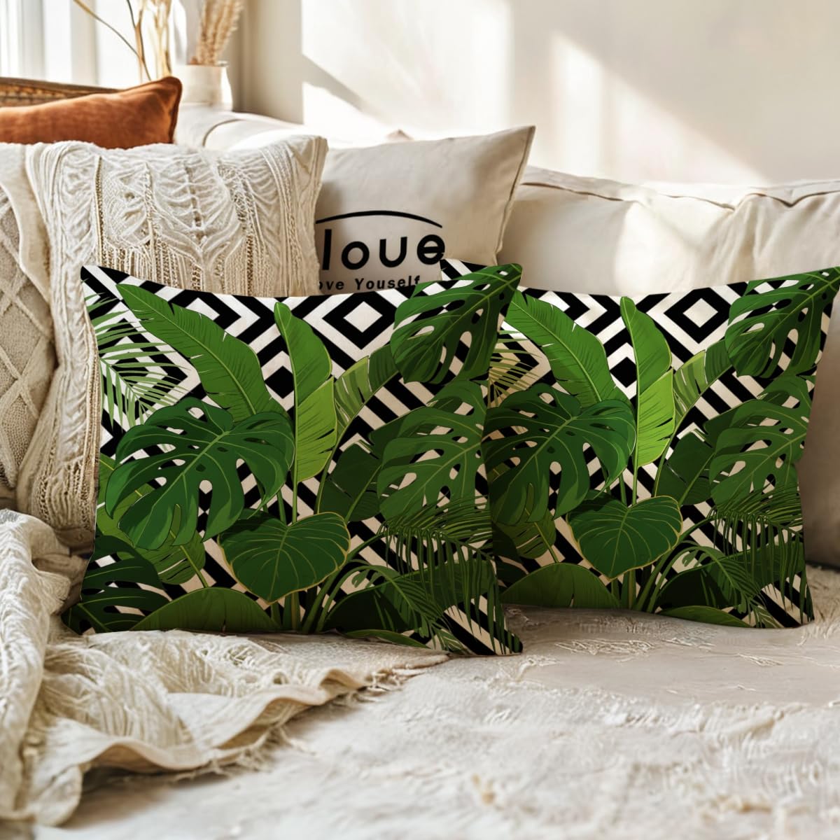 ULOVE LOVE YOURSELF 2Pack Tropical Green Leaves Throw Pillow Cover with Geometric Background Home Decorative Square Cushion Covers Summer Home Decor Palm Pillowcase 18 X 18 Inch(Palm Tree)