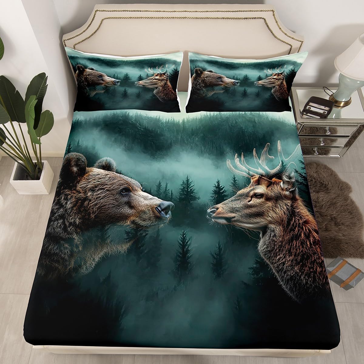 Castle Fairy Bear and Deer Bed Sheets Full Size,Hunting Wild Animals Bedding Set 4Pcs,Jungle Pine Tree Fitted Sheet for Kids Boys Men Adult Room Decor,Camping Adventure Top Flat Sheet,2 Pillowcases