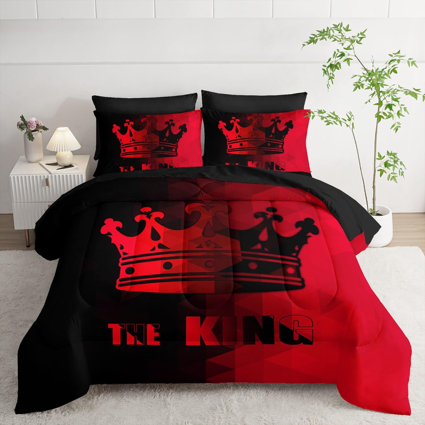 Smell Sunshine 7Pcs Crown Comforter Set Black Red Gradient Art Printed Bedding Set with 1 Comforter, 1 Flat Sheet, 1 Fitted Sheet and 4 Pillowcases for Boys and Girls Bedroom All Season(Crown Twin