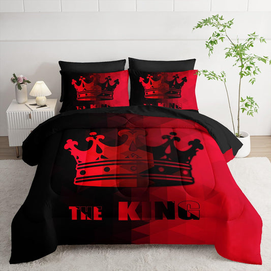 Smell Sunshine 7Pcs Crown Comforter Set Black Red Gradient Art Printed Bedding Set with 1 Comforter, 1 Flat Sheet, 1 Fitted Sheet and 4 Pillowcases for Boys and Girls Bedroom All Season(Crown Twin