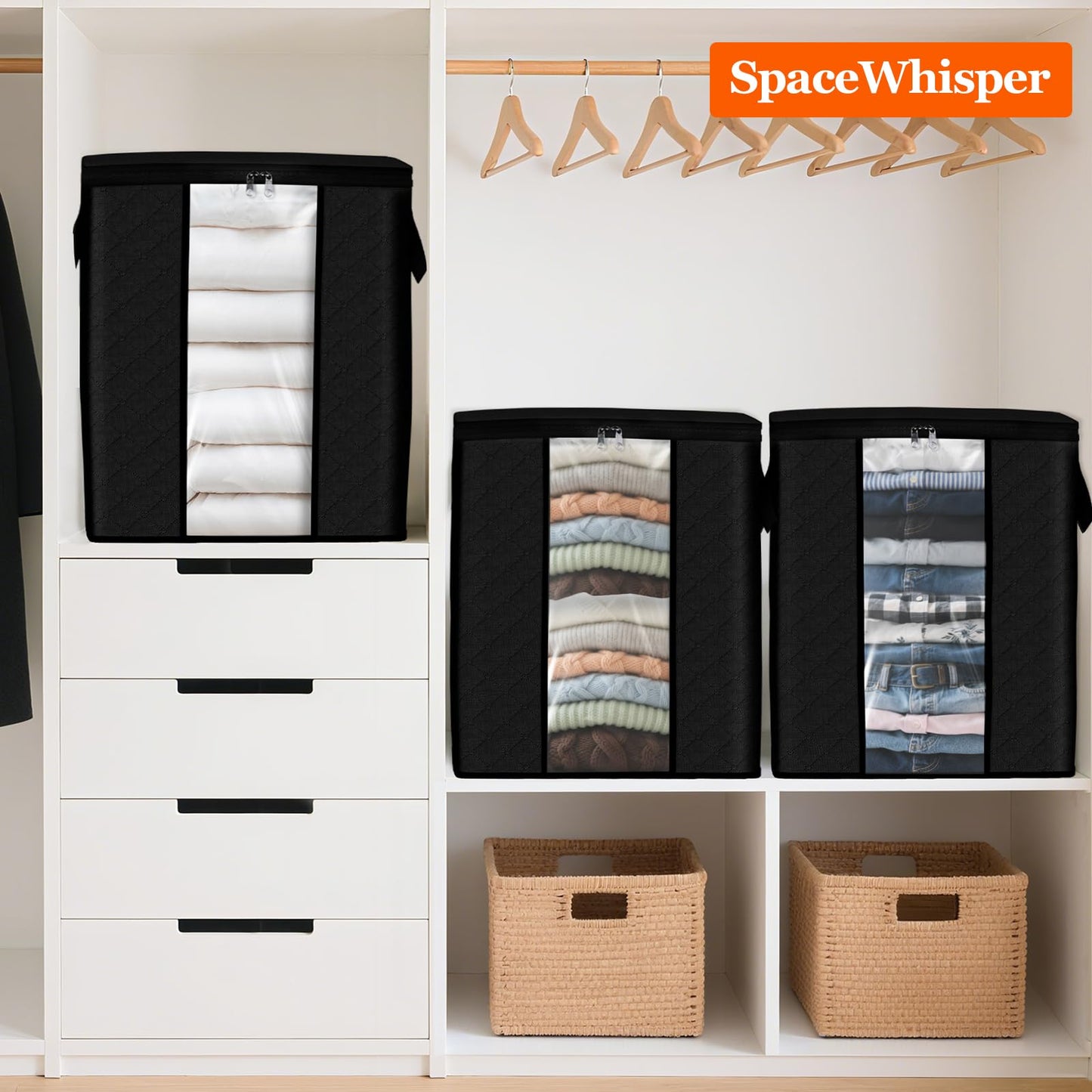 SpaceWhisper 3 Pack 100L Clothes Storage, Foldable Thick Fabric Blanket Storage Bags, Containers for Organizing Bedroom, Closet, Clothing, Comforter,Closet Organization with Handle,Black