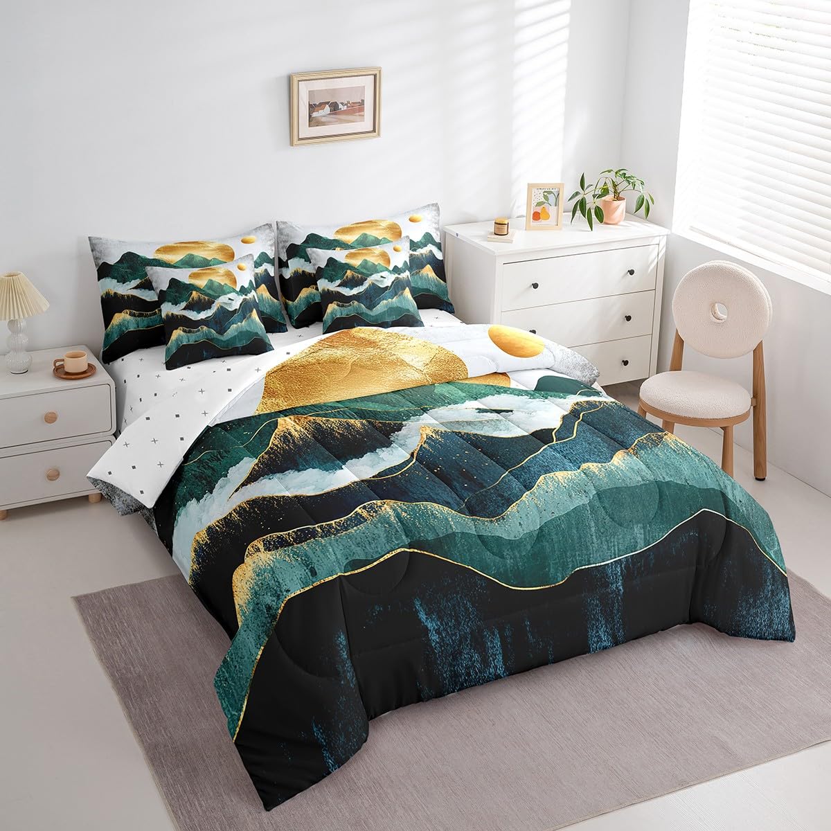 Erosebridal Smoky Mountain Comforter Set 7 Piece Bed in a Bag Twin,Gold Sun Bedding Sets Landscape Natural Scenery Art Sheet Set with Comforter,Mid Century Abstract Minimalism Bed Set