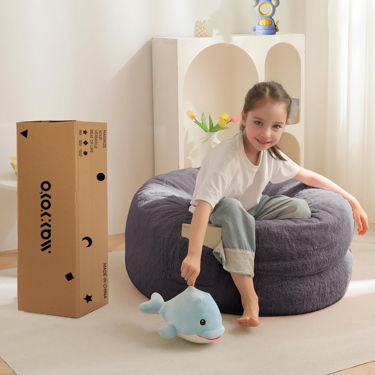 MAXYOYO Bean Bag Chair for Kids, Convertible Bean Bag Folds from Lazy Chair to Comfy Floor Sofa Couch, Stuffed Floor Sofa for Boys and Girls, High-Density Foam Filling, Dark Grey