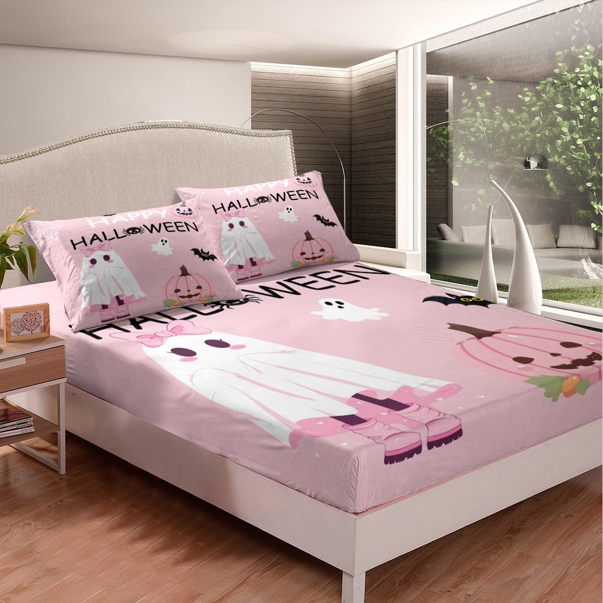 Pumpkin Bat Pink Fitted Sheet Set with 2 Pillowcase,Cartoon Ghost Microfiber Mattress Cover,Girly Halloween Bed Cover Queen Size(No Flat Sheet)