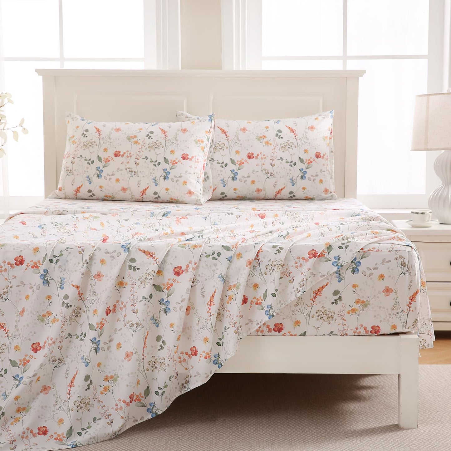 Zusbest Queen Sheet Set Floral Patterned 100% Percale Cotton Orange Blue Flower Sheets Set Green Botanical Printed on White Deep Pocket Fitted Sheets, Crisp Soft Breathable for Hot Sleepers, 4 Pcs