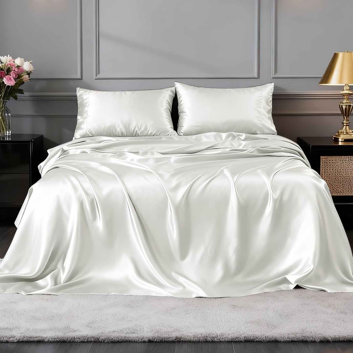 FreshCulture Satin Sheets Full Size - 4 Piece Luxury Soft Silky Full Size Bed Sheets, Similar to Silk Bed Sheet Set with 1 Deep Pocket Fitted Sheet, 1 Flat Sheet & 2 Pillowcases (Ivory White)