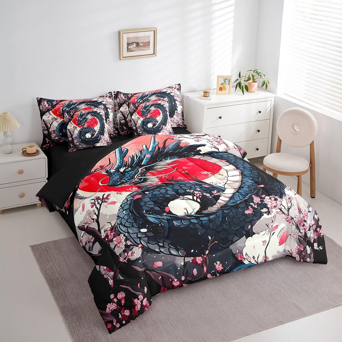 Erosebridal Japanese Dragon Queen Bedding Set 7 Piece,Pink Cherry Blossom Bed Set for Kids Boys Girls,Oriental Style Aesthetic Floral Bedding Comforter Sets with Fitted Sheet,Flat Sheet,Pillowcases