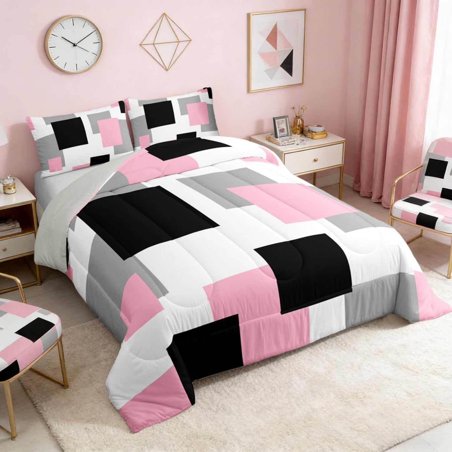 Castle Fairy Pink Black White Bed Comforter Set Queen Size,Geometric Grid Square Splicing Super Soft Microfiber Bedding Set for Kids Room Decor,Modern Abstract Comforter Set,2 Pillowcases