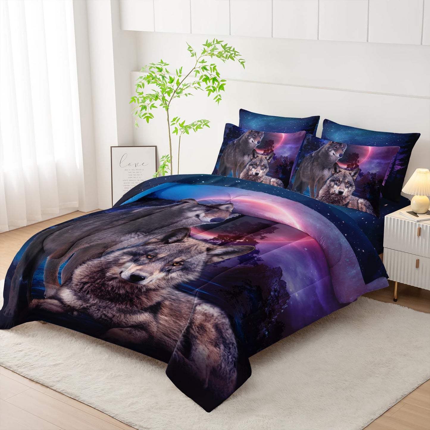 AILONEN Safari Wolf Comforter Set Twin Size,7-Piece Kids Girls Soft Bed in a Bag,Wolves Couples Comforter & Fitted Sheet & Flat Sheet & 2 Pillowcases,2 Pillow Shams for Bedroom
