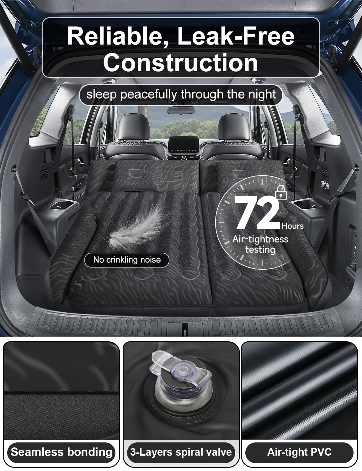 Umbrauto SUV Air Mattress for Trunk: Upgraded Car Camping Mattress with Flocked Surface and Extra Thick Bottom, Van Sleeping Bed for Back Seat with Pump, Nozzle, Repair Patch, Carry Bag